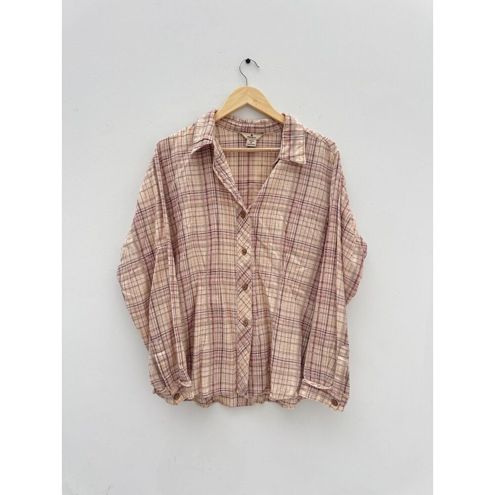 Woolrich Women XL Cotton Plaid Button Up Shirt Cream Pink Grid Textured LTO - Picture 1 of 5